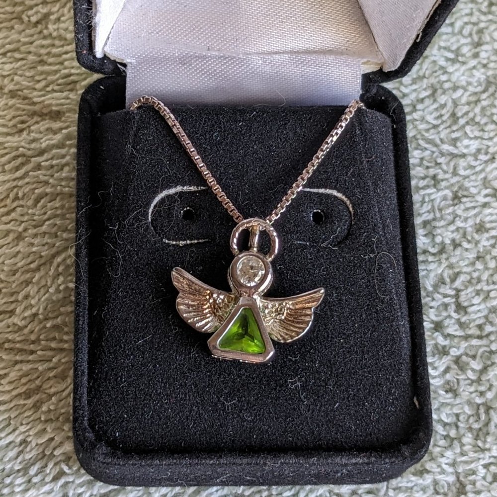 Silver Necklace With Angel and Green Glass Stone Faux Emerald New
